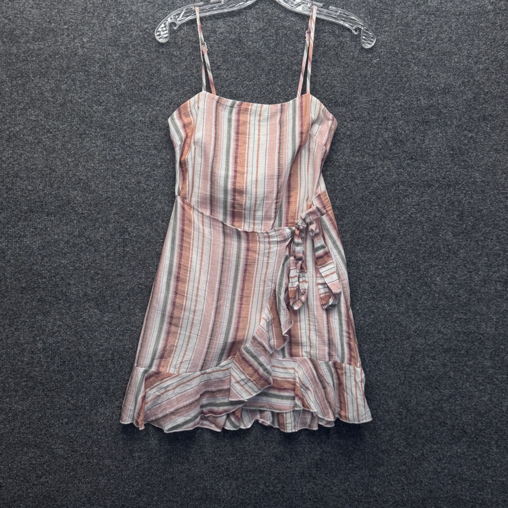 Polly Striped Wrap Mini Dress Womens Size 4 Pink Tan Cotton Boho Coastal Summer